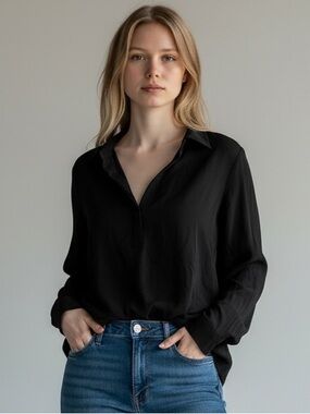 Dorothee Schumacher 100% Silk Ruffle Popover Blouse Black Size 2/Small